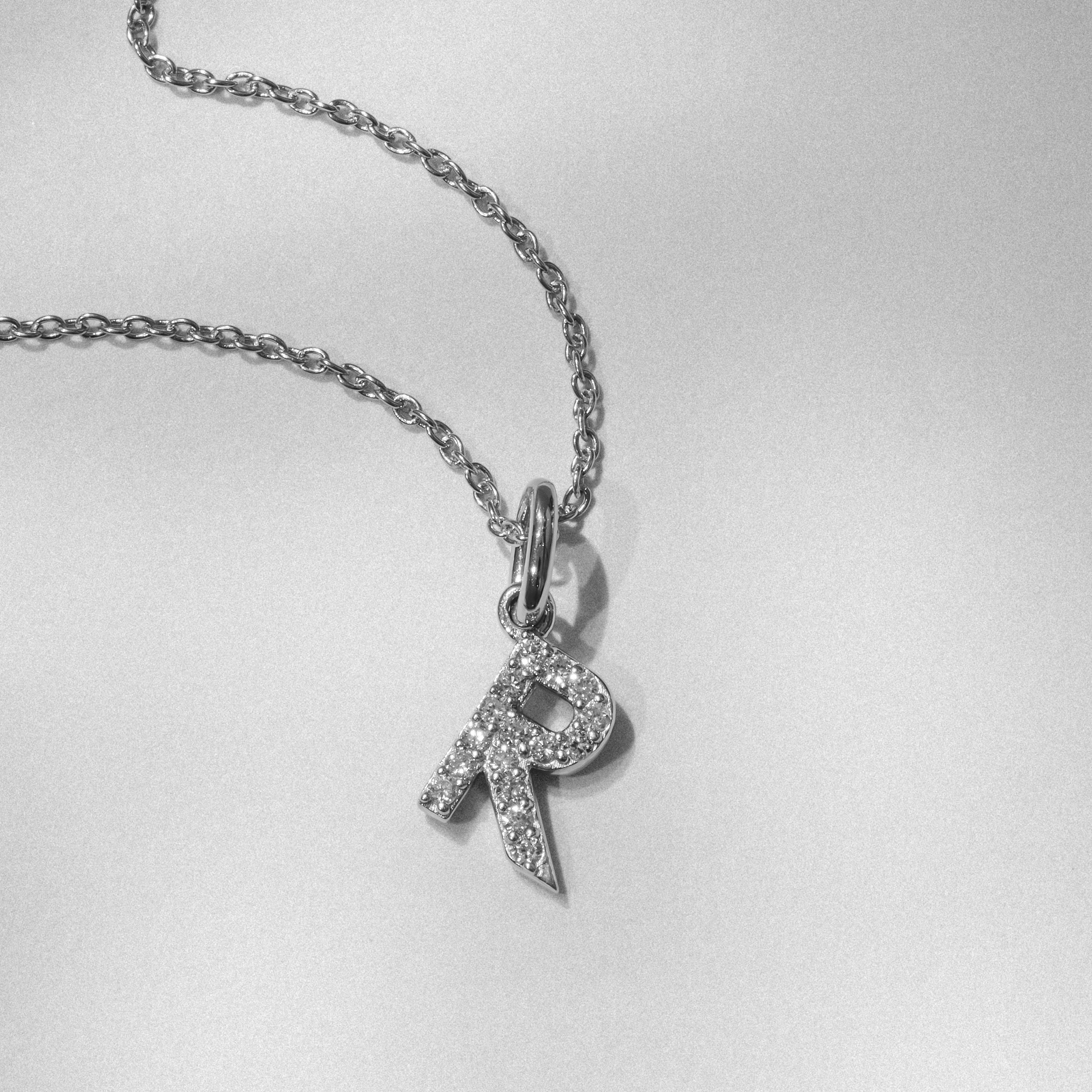 Love Letter Initial R Lab Diamond Necklace set in 925 Sterling Silver